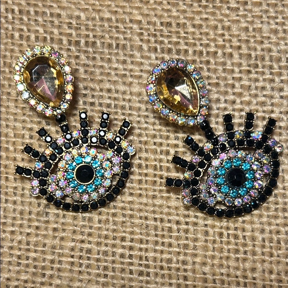 Crystal Evil Eye Drop Earrings in Yellow and Multicolor
